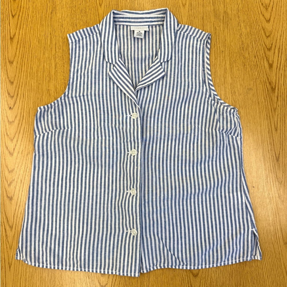 Liz Claiborne Linen Cotton Blue and White Striped Sleeveless Button Down Size M